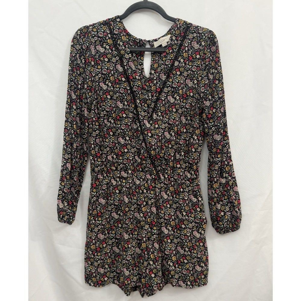 Loft Ditsy Black Floral Print Long Sleeve Romper Pockets Womens Size S